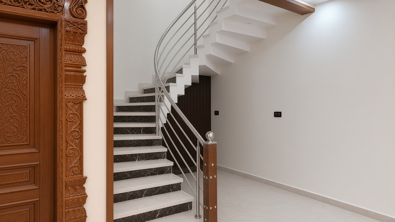 Curved stainless steel railing with four lines