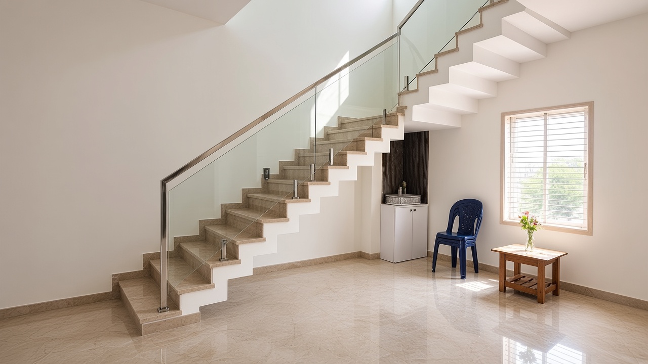Glass stair railing with a stainless steel handrail